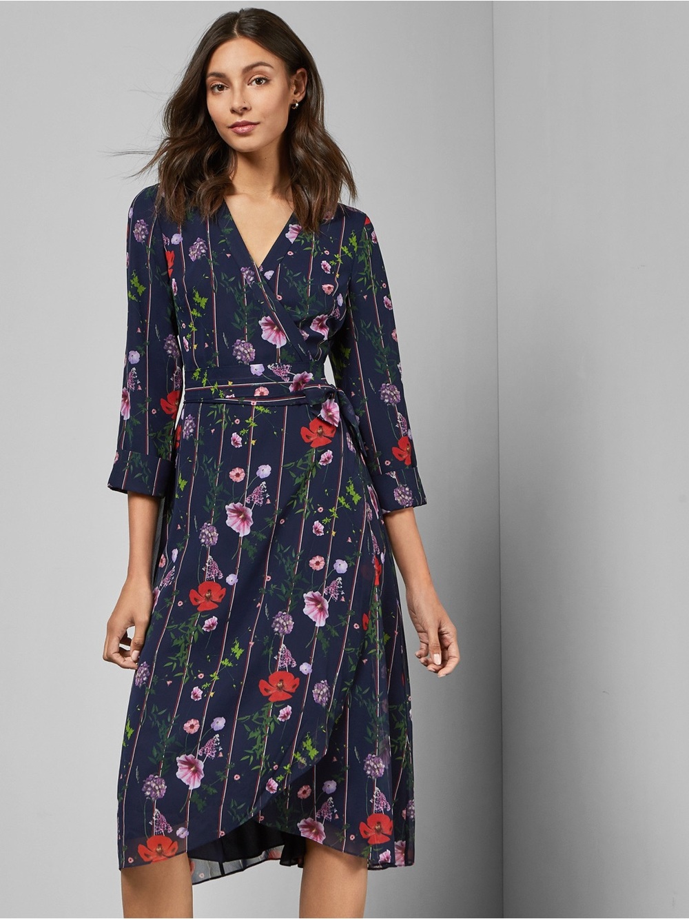 Ted Baker Navy Floral Wrap Midi Dress - Picture 2 of 10